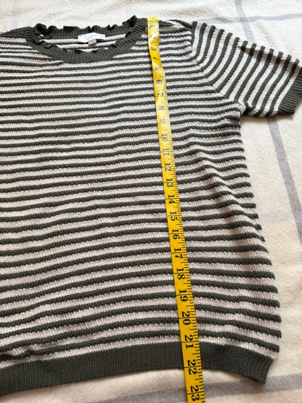 LOFT Striped Short Sleeve Knit Top in Olive and Cream